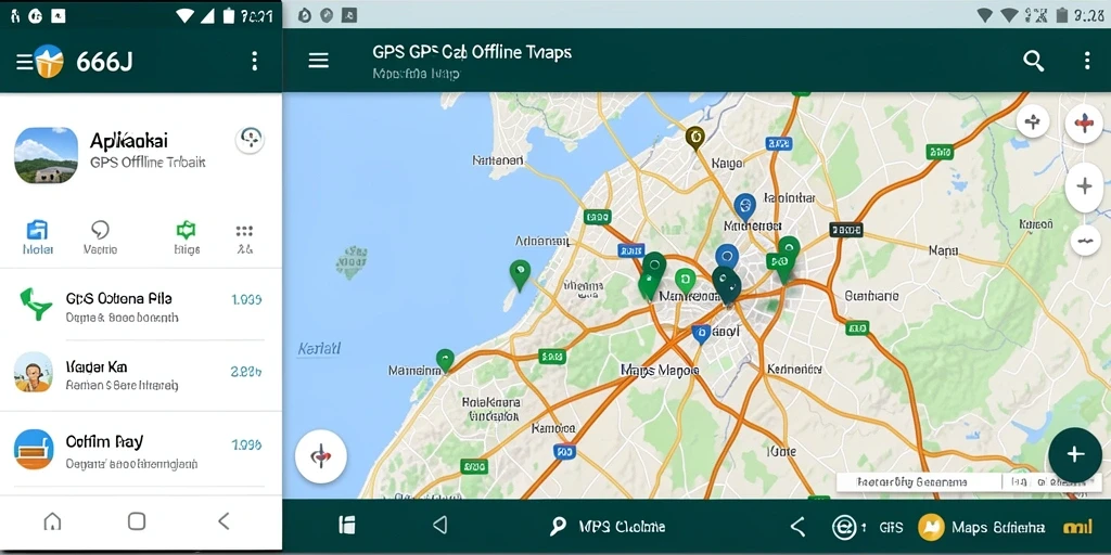 Tampilan antarmuka aplikasi GPS Offline Maps 666J dengan fitur navigasi.