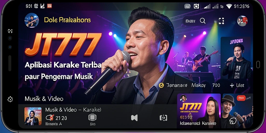 Tampilan antarmuka JT777 saat pengguna karaoke dengan lirik di layar.