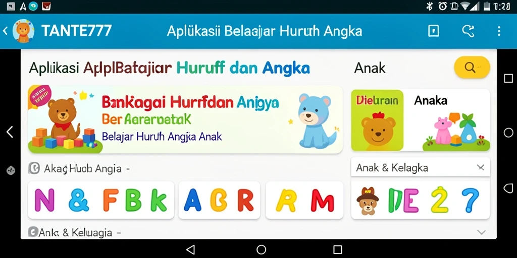 Tampilan antarmuka TANTE777 yang menarik untuk belajar huruf dan angka.